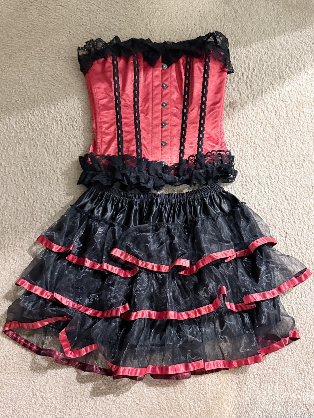 Vintage-Inspired Black & Red Ruffle Corset Set